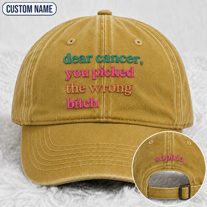 Personalized You Picked The Wrong Pink Ribbon Embroidered Washed Cap, Awareness Gift