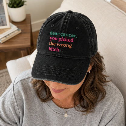 Personalized You Picked The Wrong Pink Ribbon Embroidered Washed Cap, Awareness Gift
