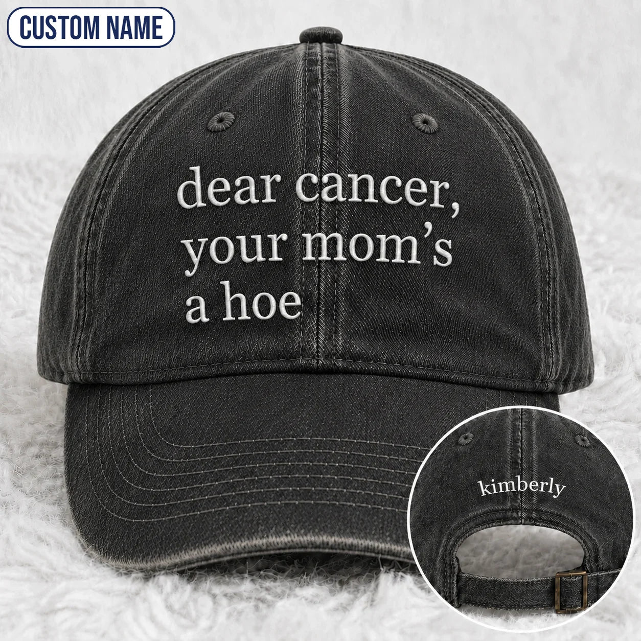 Personalized Your Mom’s A Hoe Pink Ribbon Quote Embroidered Washed Cap, Awareness Gift