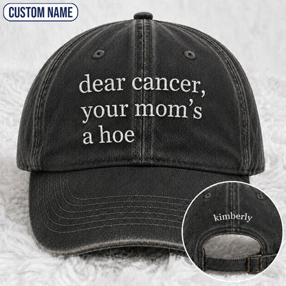 Personalized Your Mom’s A Hoe Pink Ribbon Quote Embroidered Washed Cap, Awareness Gift
