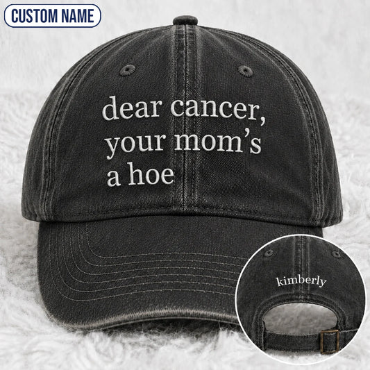 Personalized Your Mom’s A Hoe Pink Ribbon Quote Embroidered Washed Cap, Awareness Gift
