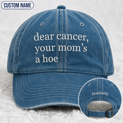 Personalized Your Mom’s A Hoe Pink Ribbon Quote Embroidered Washed Cap, Awareness Gift