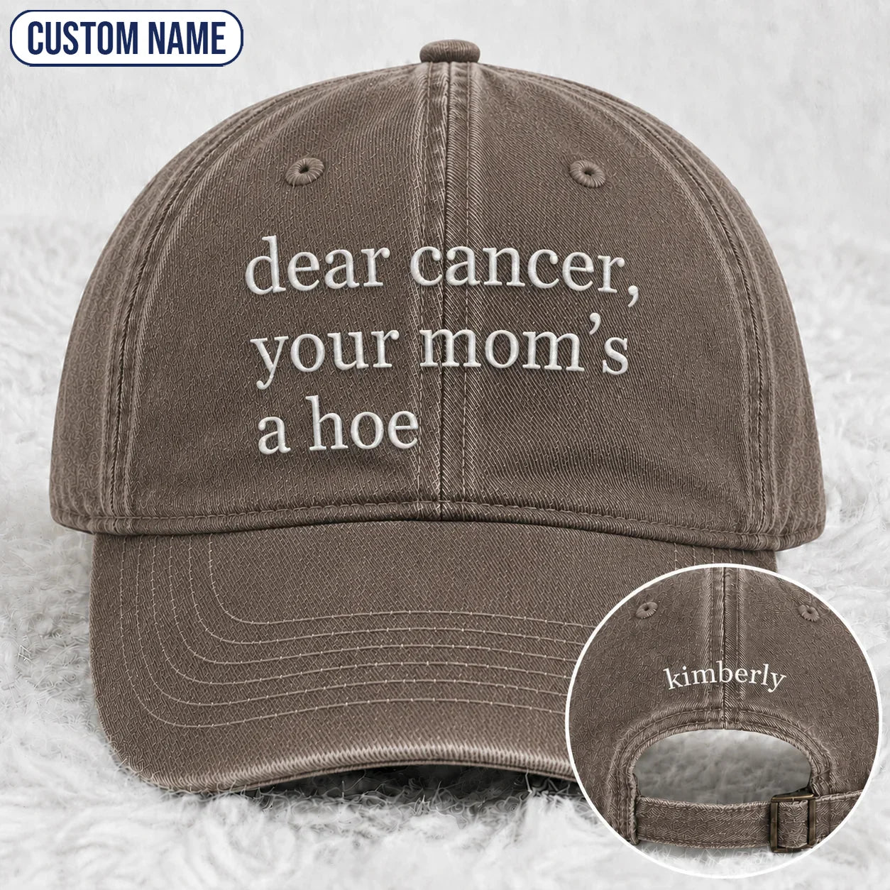 Personalized Your Mom’s A Hoe Pink Ribbon Quote Embroidered Washed Cap, Awareness Gift
