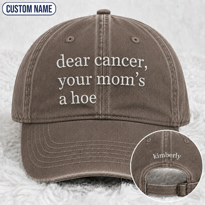 Personalized Your Mom’s A Hoe Pink Ribbon Quote Embroidered Washed Cap, Awareness Gift