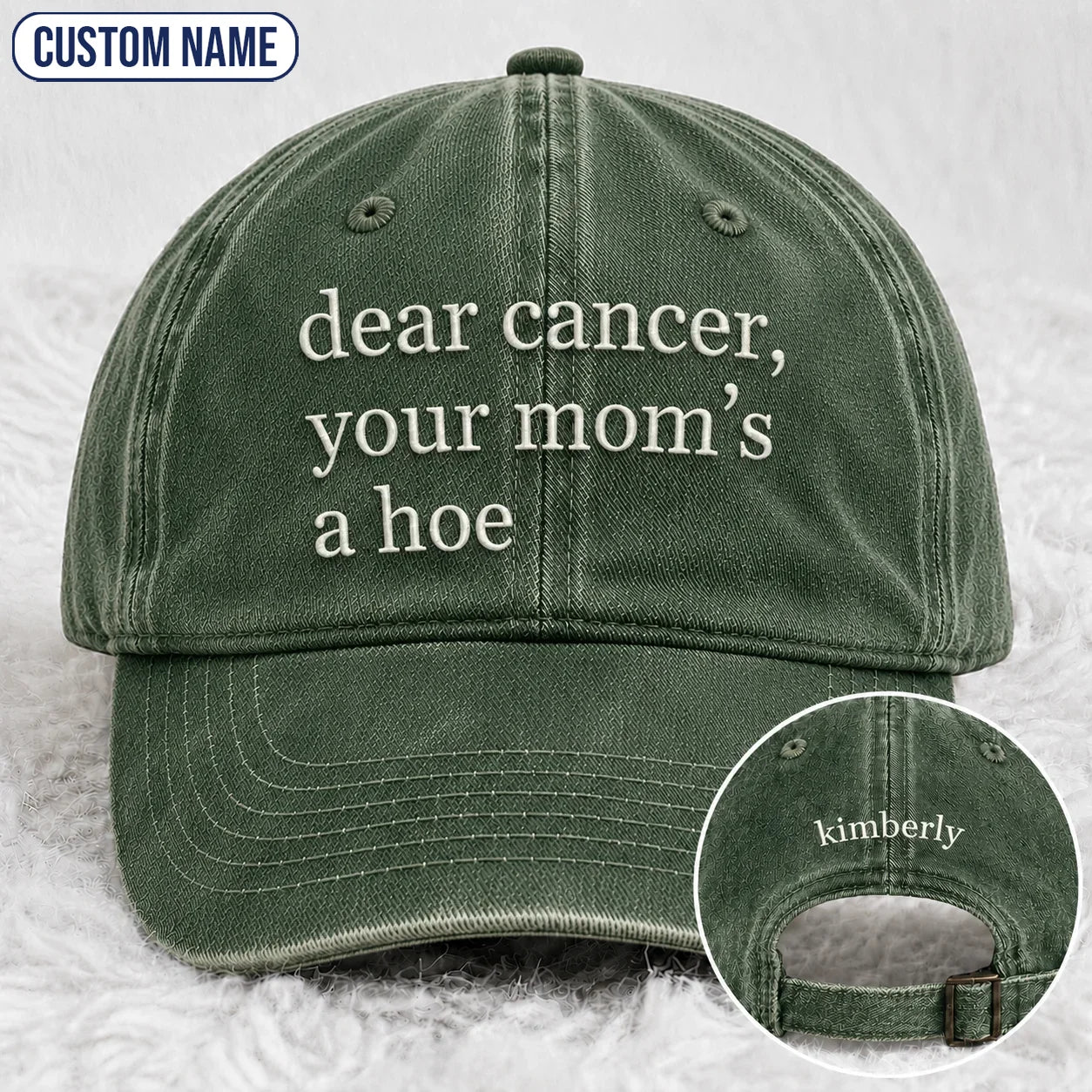 Personalized Your Mom’s A Hoe Pink Ribbon Quote Embroidered Washed Cap, Awareness Gift