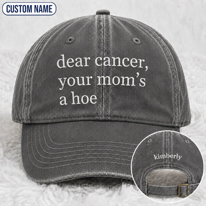 Personalized Your Mom’s A Hoe Pink Ribbon Quote Embroidered Washed Cap, Awareness Gift