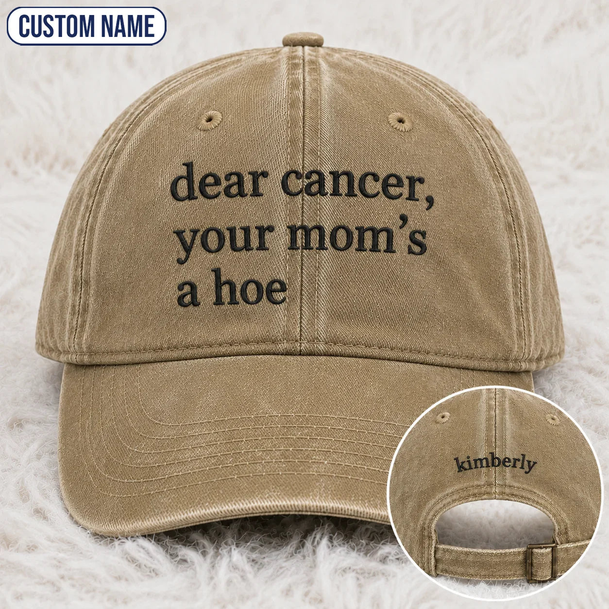Personalized Your Mom’s A Hoe Pink Ribbon Quote Embroidered Washed Cap, Awareness Gift