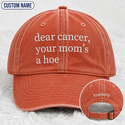 Personalized Your Mom’s A Hoe Pink Ribbon Quote Embroidered Washed Cap, Awareness Gift