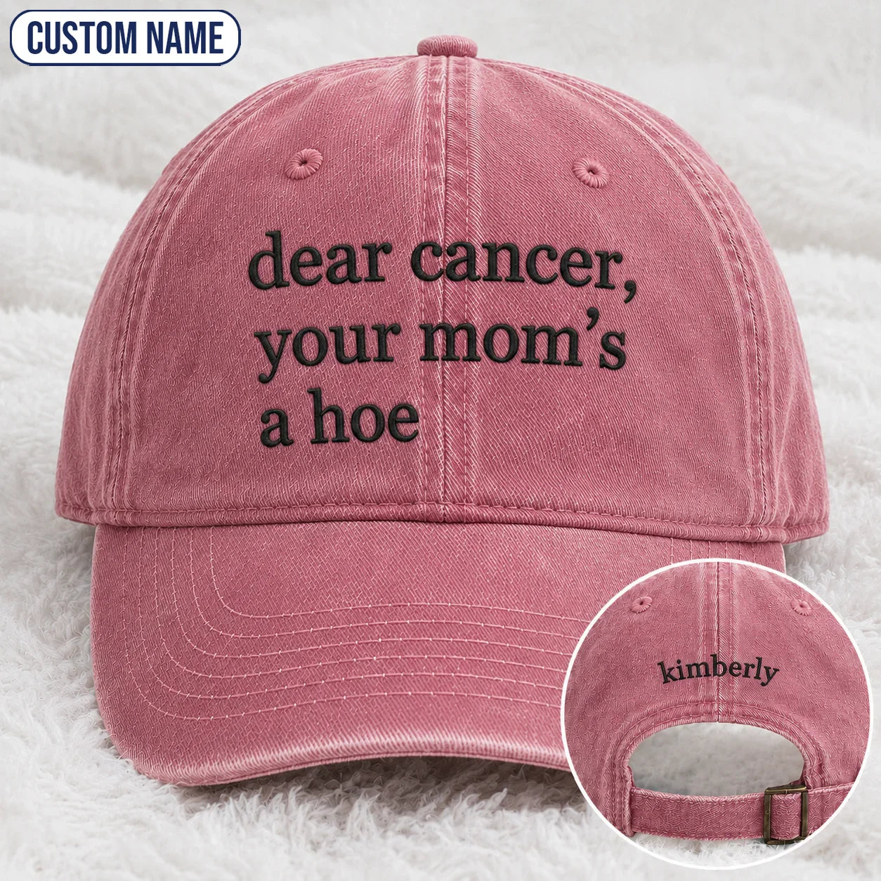 Personalized Your Mom’s A Hoe Pink Ribbon Quote Embroidered Washed Cap, Awareness Gift