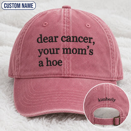 Personalized Your Mom’s A Hoe Pink Ribbon Quote Embroidered Washed Cap, Awareness Gift