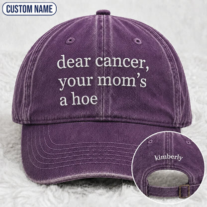 Personalized Your Mom’s A Hoe Pink Ribbon Quote Embroidered Washed Cap, Awareness Gift