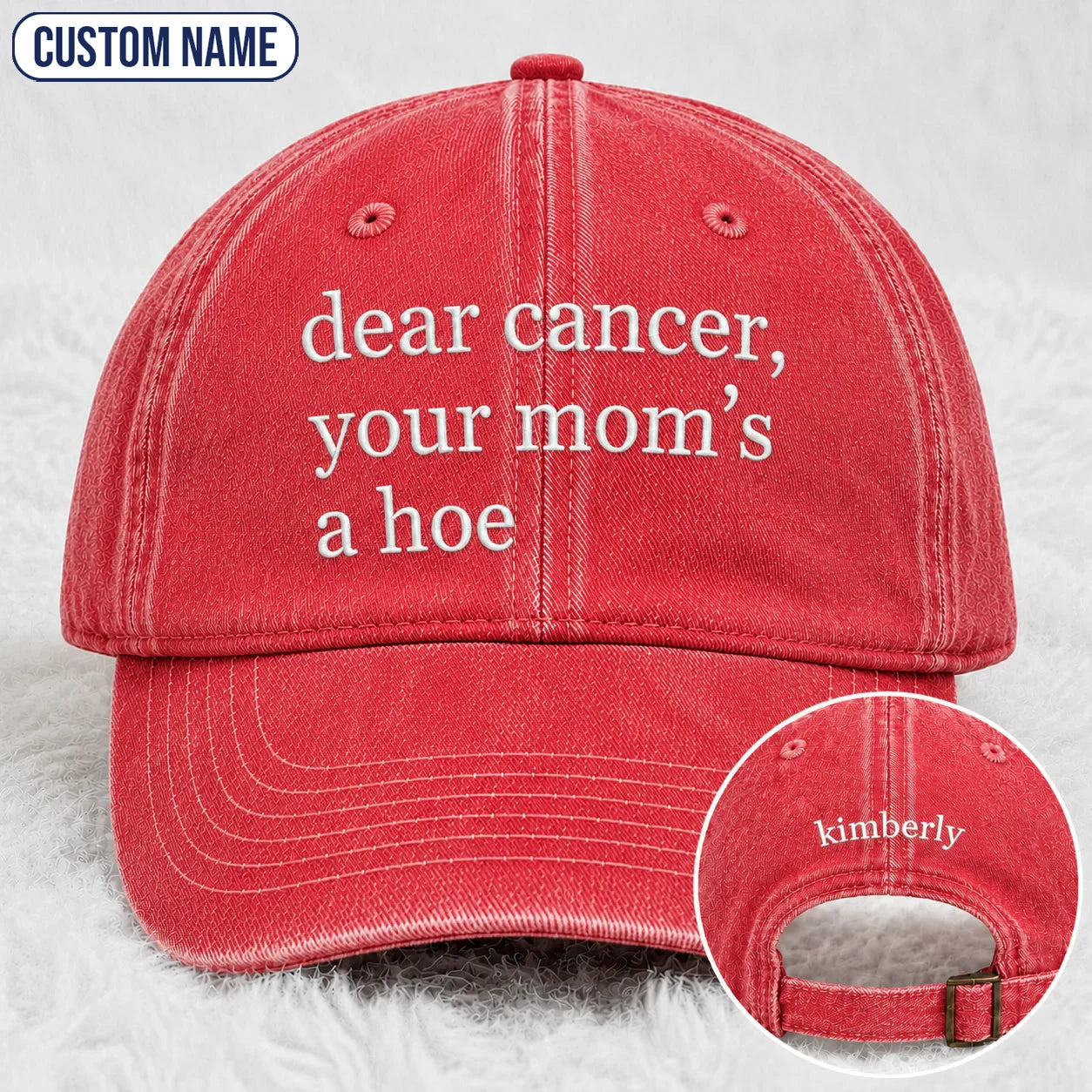 Personalized Your Mom’s A Hoe Pink Ribbon Quote Embroidered Washed Cap, Awareness Gift