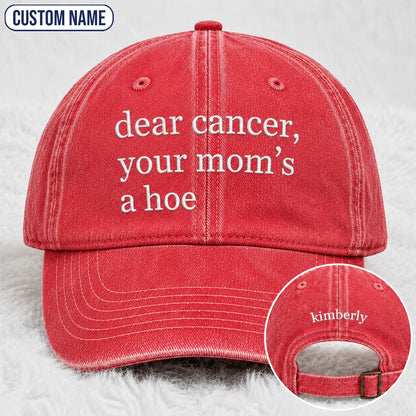 Personalized Your Mom’s A Hoe Pink Ribbon Quote Embroidered Washed Cap, Awareness Gift