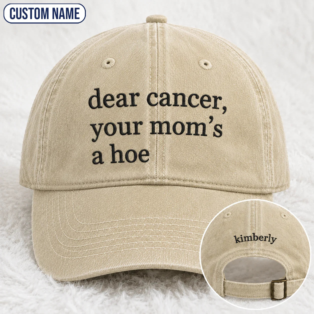 Personalized Your Mom’s A Hoe Pink Ribbon Quote Embroidered Washed Cap, Awareness Gift