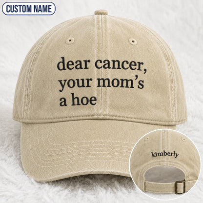 Personalized Your Mom’s A Hoe Pink Ribbon Quote Embroidered Washed Cap, Awareness Gift