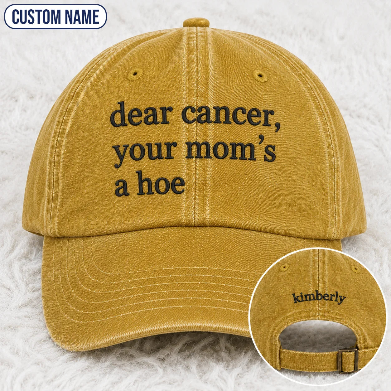 Personalized Your Mom’s A Hoe Pink Ribbon Quote Embroidered Washed Cap, Awareness Gift