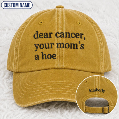 Personalized Your Mom’s A Hoe Pink Ribbon Quote Embroidered Washed Cap, Awareness Gift