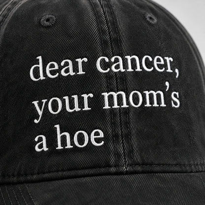 Personalized Your Mom’s A Hoe Pink Ribbon Quote Embroidered Washed Cap, Awareness Gift
