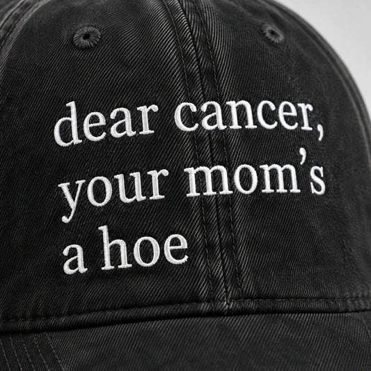 Personalized Your Mom’s A Hoe Pink Ribbon Quote Embroidered Washed Cap, Awareness Gift