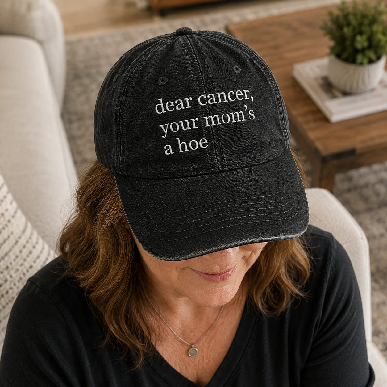 Personalized Your Mom’s A Hoe Pink Ribbon Quote Embroidered Washed Cap, Awareness Gift