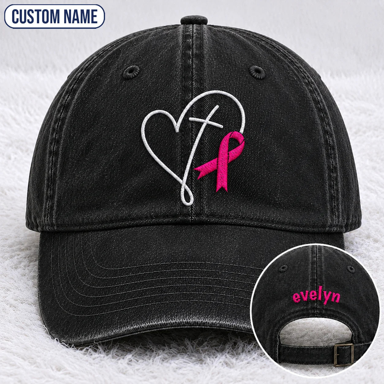 Personalized Faith Pink Ribbon Embroidered Washed Cap, Awareness Gift