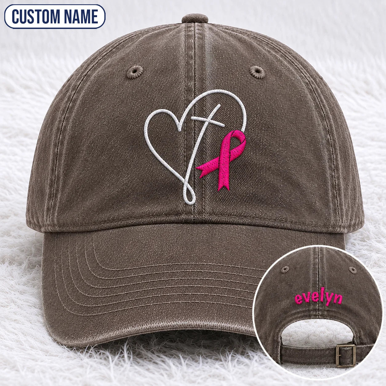 Personalized Faith Pink Ribbon Embroidered Washed Cap, Awareness Gift