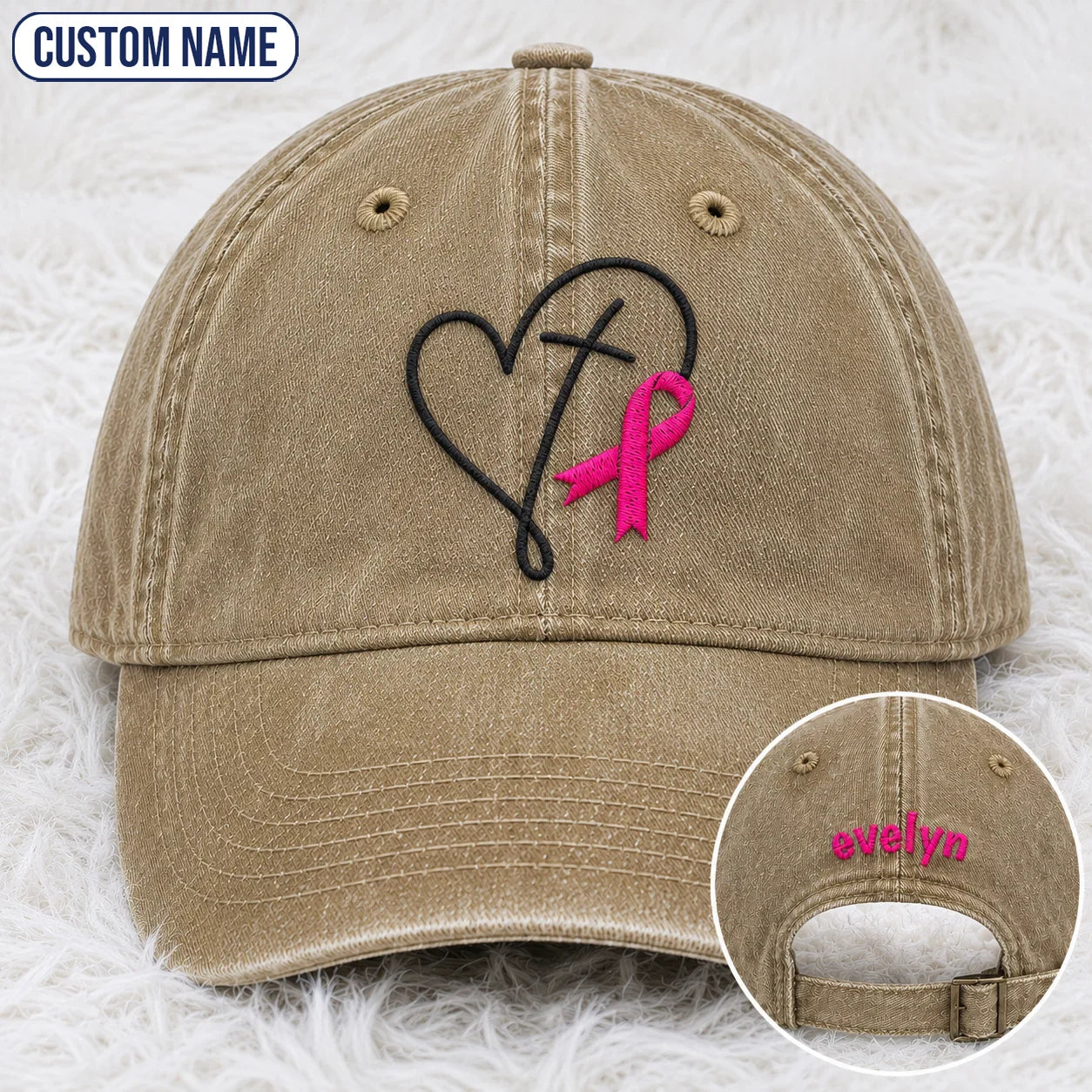 Personalized Faith Pink Ribbon Embroidered Washed Cap, Awareness Gift