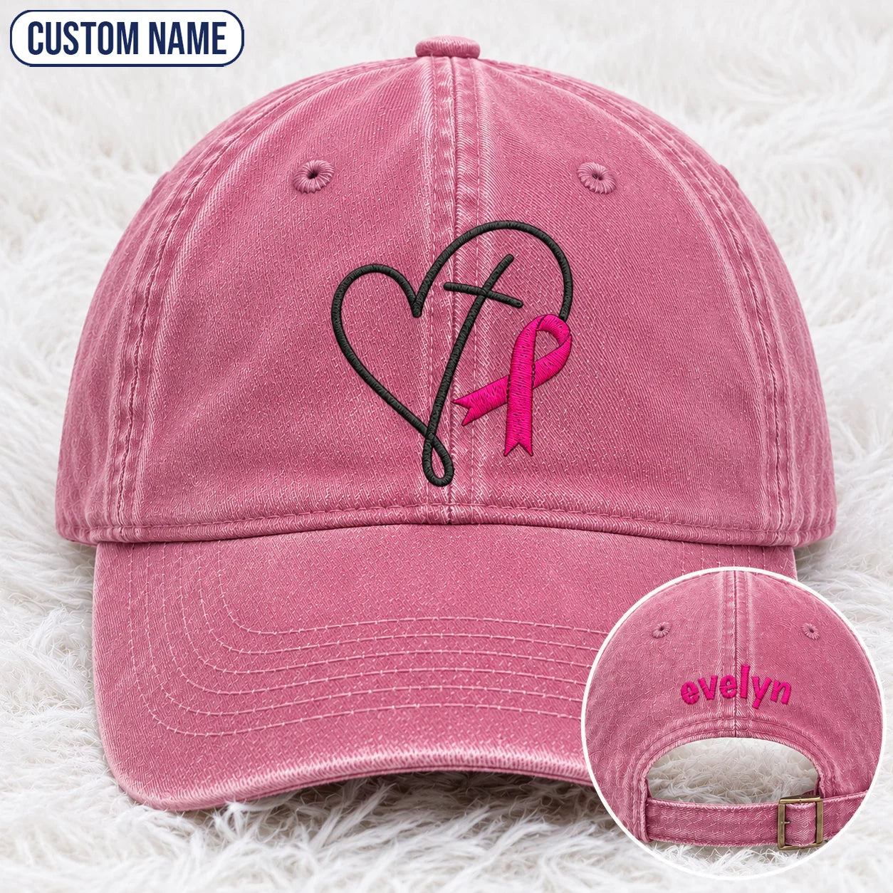 Personalized Faith Pink Ribbon Embroidered Washed Cap, Awareness Gift