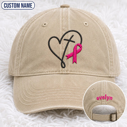 Personalized Faith Pink Ribbon Embroidered Washed Cap, Awareness Gift