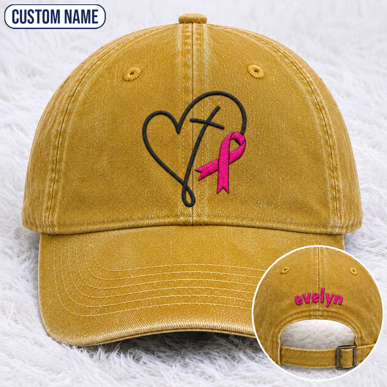 Personalized Faith Pink Ribbon Embroidered Washed Cap, Awareness Gift