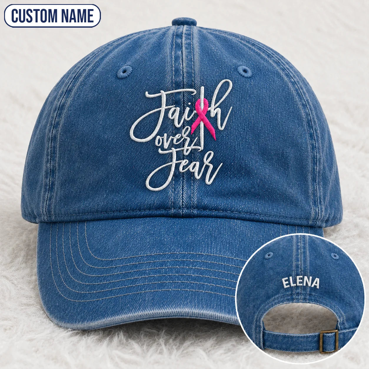Personalized Faith Over Fear Pink Ribbon Embroidered Washed Cap, Awareness Gift