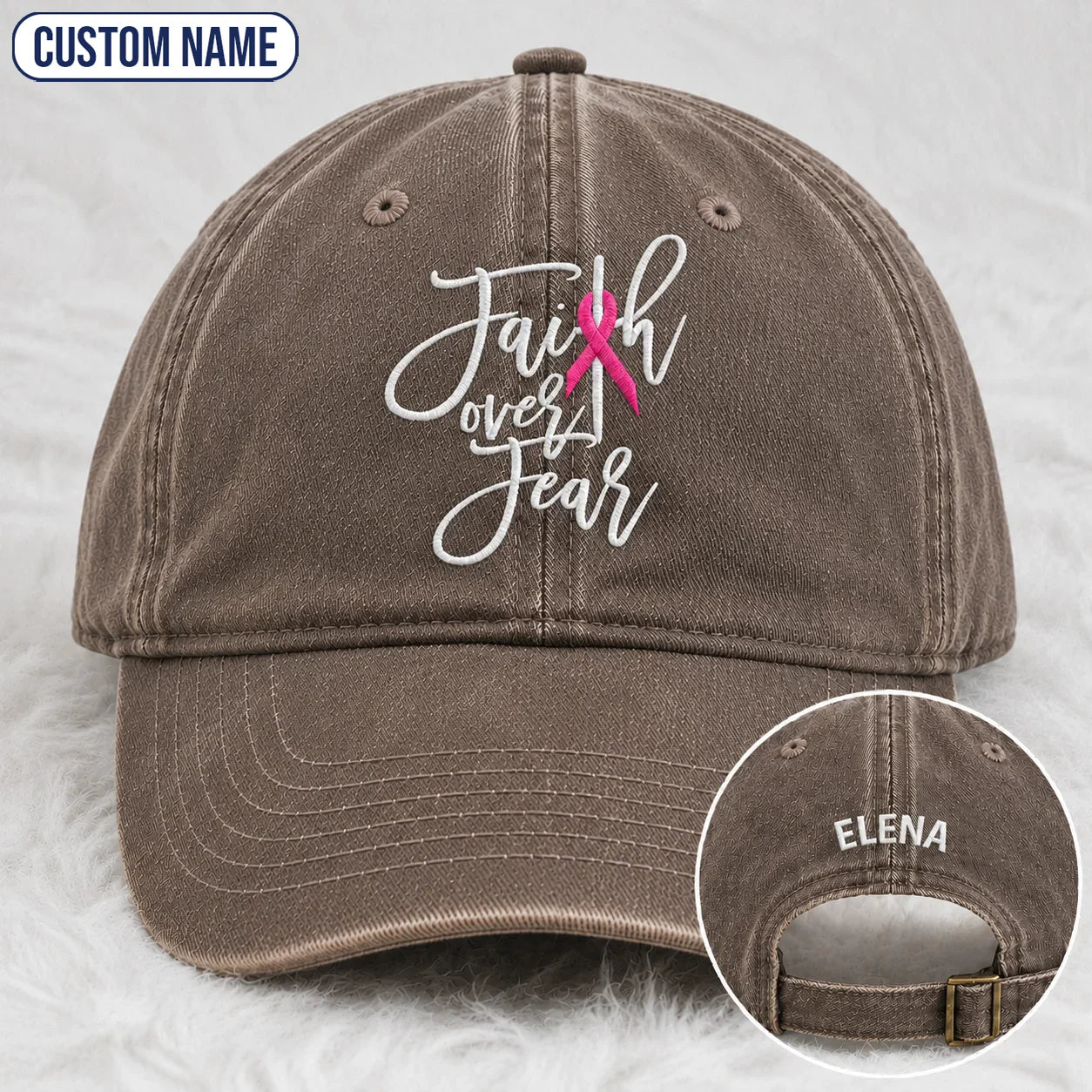 Personalized Faith Over Fear Pink Ribbon Embroidered Washed Cap, Awareness Gift
