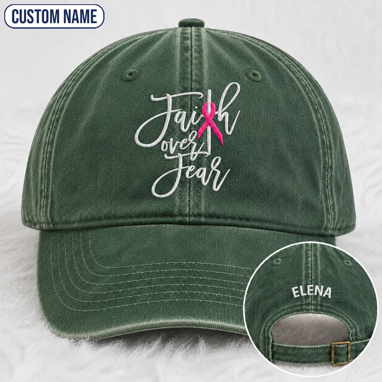 Personalized Faith Over Fear Pink Ribbon Embroidered Washed Cap, Awareness Gift