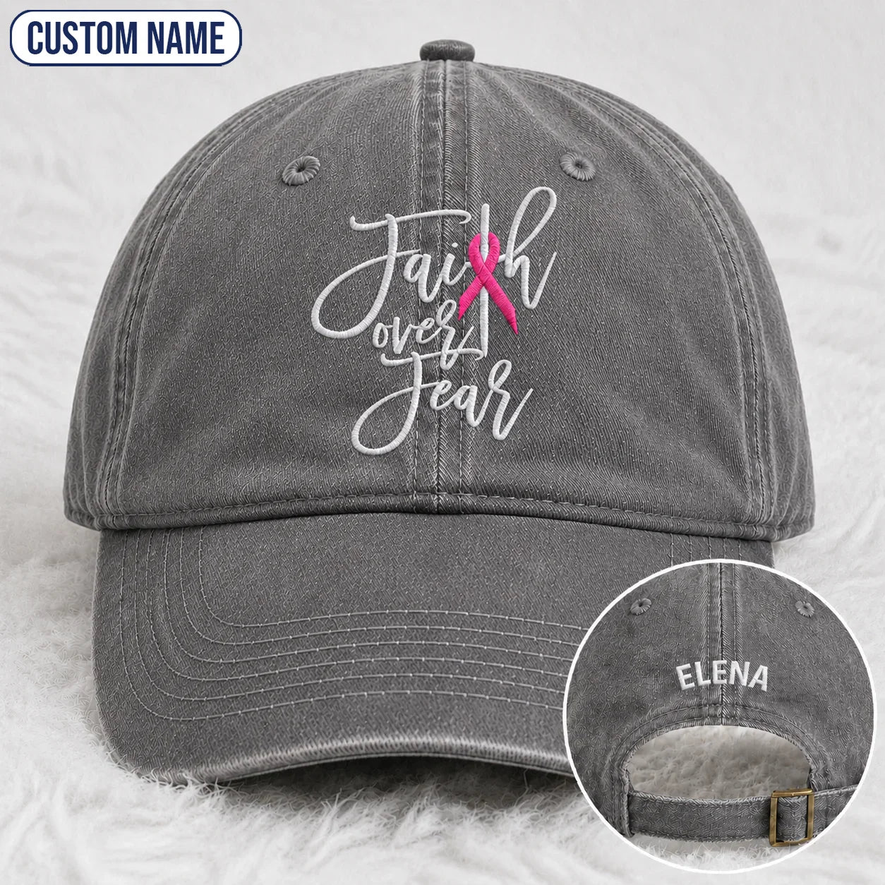 Personalized Faith Over Fear Pink Ribbon Embroidered Washed Cap, Awareness Gift