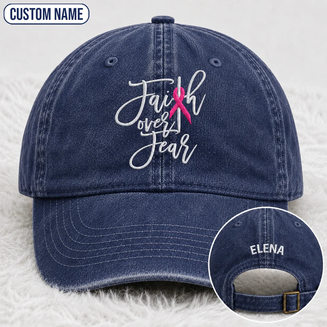 Personalized Faith Over Fear Pink Ribbon Embroidered Washed Cap, Awareness Gift