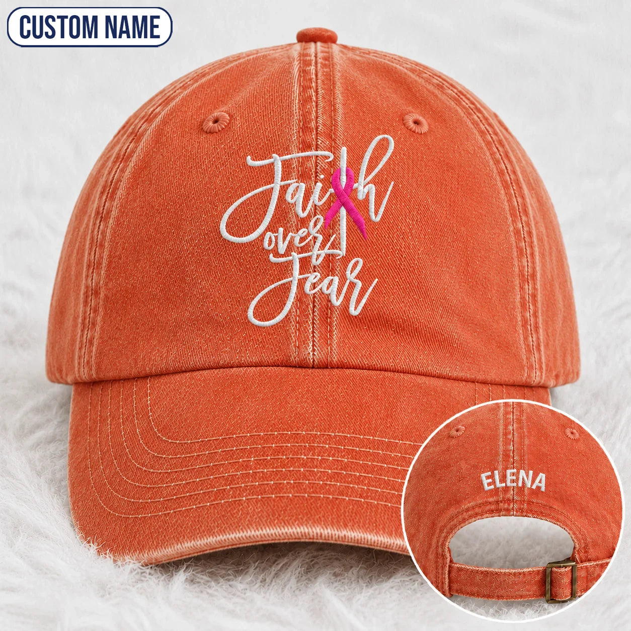Personalized Faith Over Fear Pink Ribbon Embroidered Washed Cap, Awareness Gift