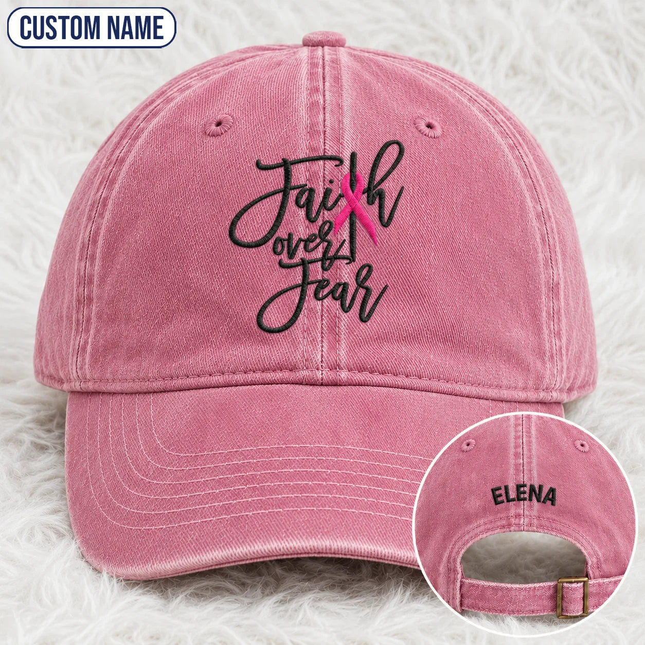 Personalized Faith Over Fear Pink Ribbon Embroidered Washed Cap, Awareness Gift