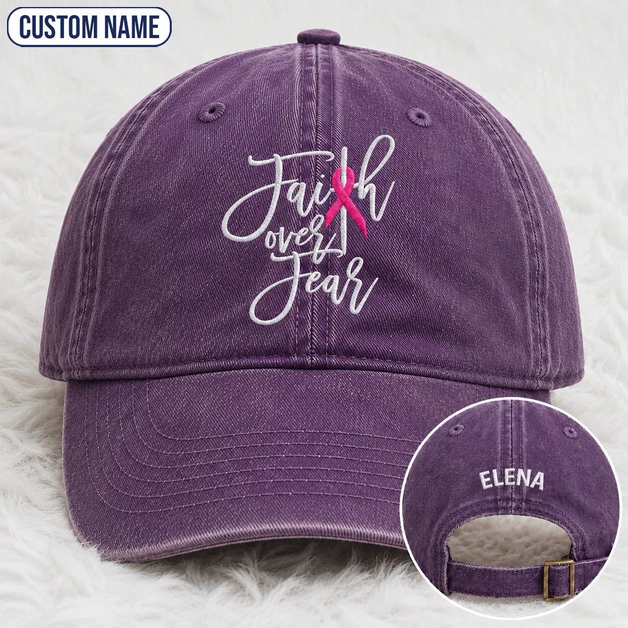 Personalized Faith Over Fear Pink Ribbon Embroidered Washed Cap, Awareness Gift