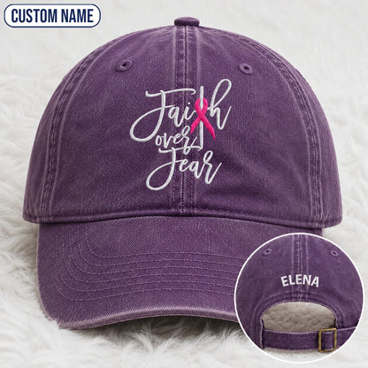 Personalized Faith Over Fear Pink Ribbon Embroidered Washed Cap, Awareness Gift