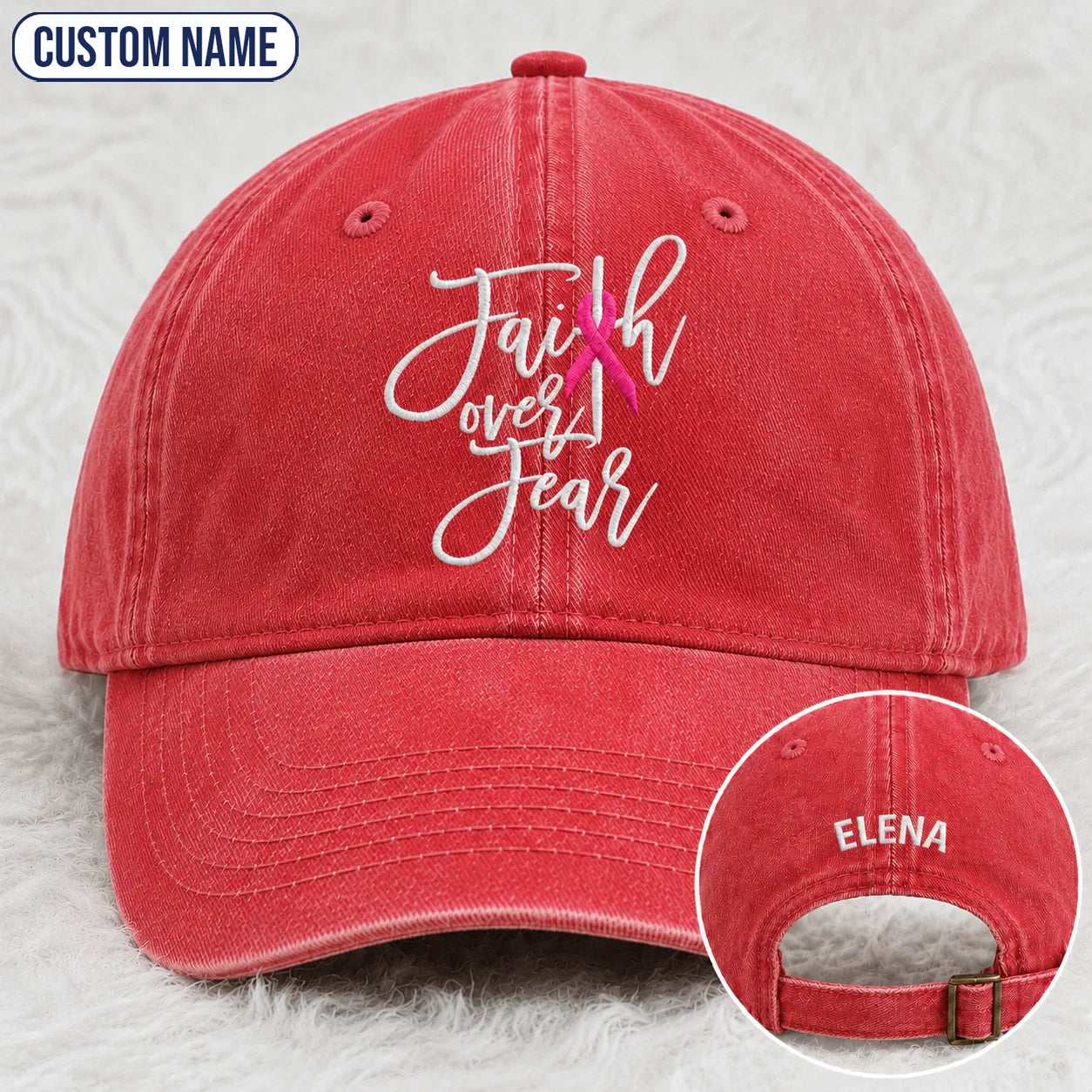 Personalized Faith Over Fear Pink Ribbon Embroidered Washed Cap, Awareness Gift