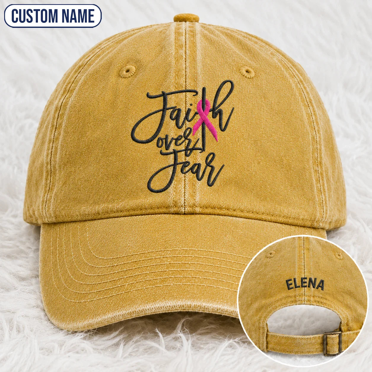 Personalized Faith Over Fear Pink Ribbon Embroidered Washed Cap, Awareness Gift