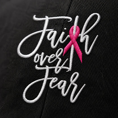 Personalized Faith Over Fear Pink Ribbon Embroidered Washed Cap, Awareness Gift
