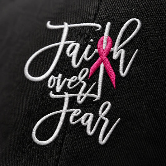 Personalized Faith Over Fear Pink Ribbon Embroidered Washed Cap, Awareness Gift