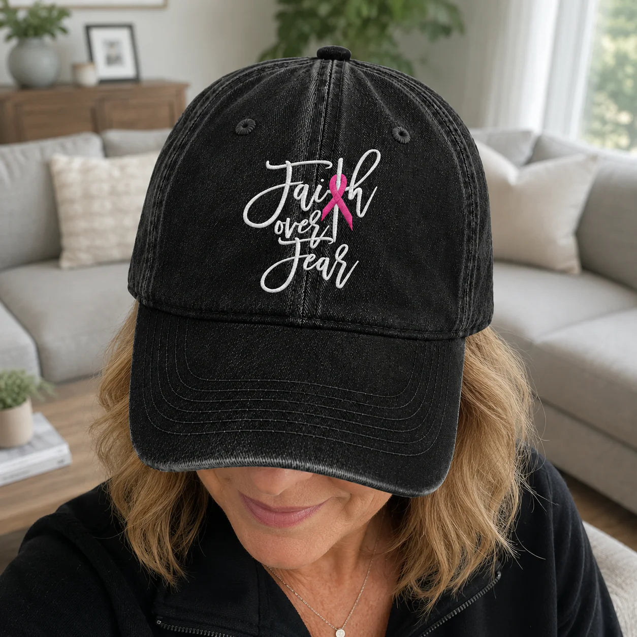 Personalized Faith Over Fear Pink Ribbon Embroidered Washed Cap, Awareness Gift