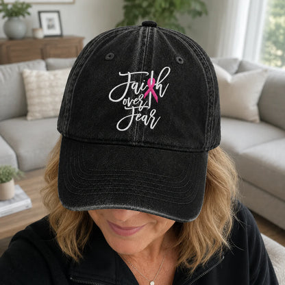 Personalized Faith Over Fear Pink Ribbon Embroidered Washed Cap, Awareness Gift