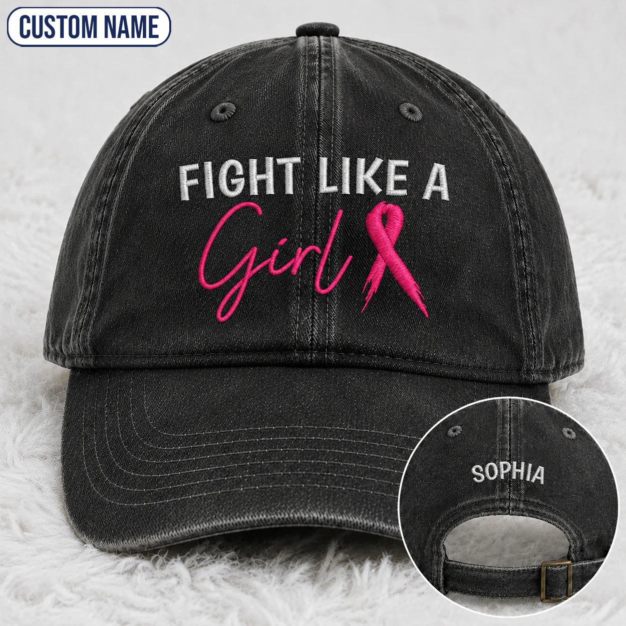 Personalized Fight Like A Girl Pink Ribbon Embroidered Washed Cap, Awareness Gift