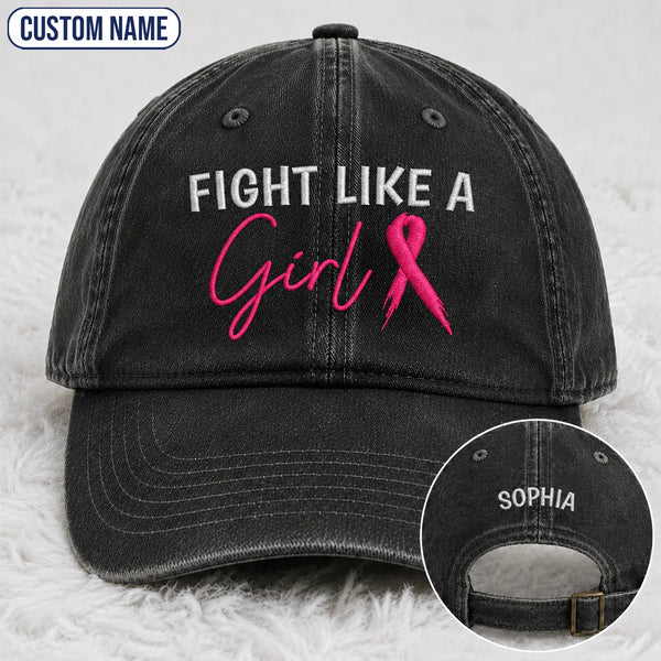 Personalized Fight Like A Girl Pink Ribbon Embroidered Washed Cap, Awareness Gift