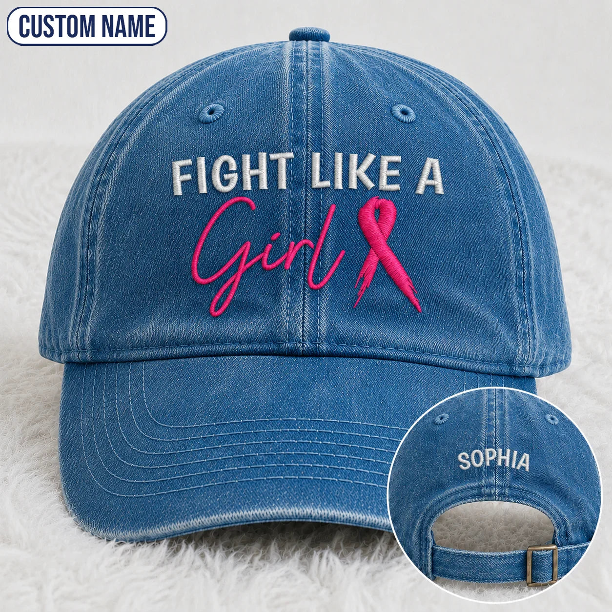 Personalized Fight Like A Girl Pink Ribbon Embroidered Washed Cap, Awareness Gift