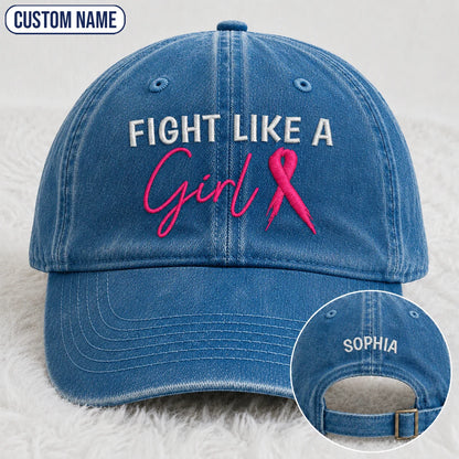 Personalized Fight Like A Girl Pink Ribbon Embroidered Washed Cap, Awareness Gift