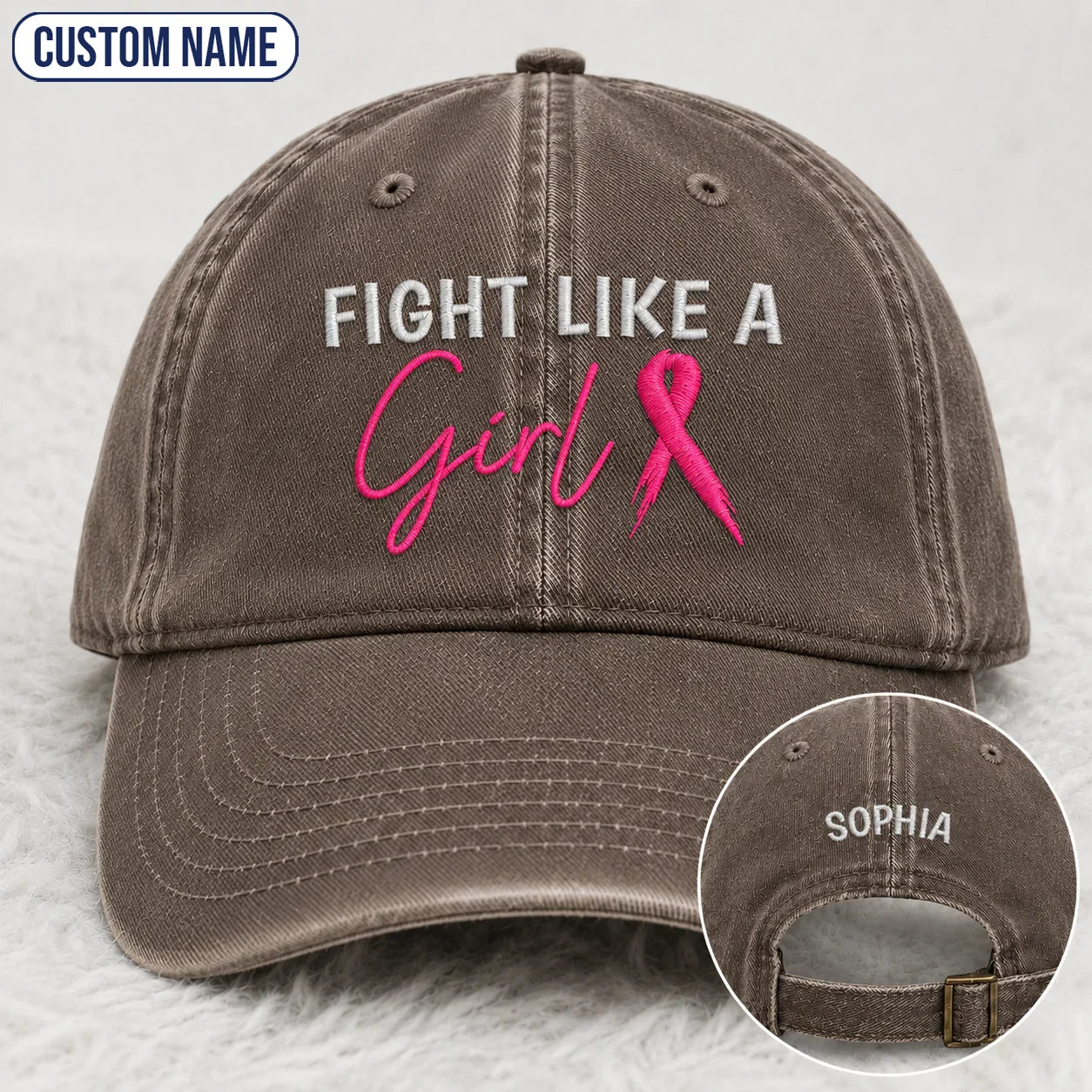 Personalized Fight Like A Girl Pink Ribbon Embroidered Washed Cap, Awareness Gift